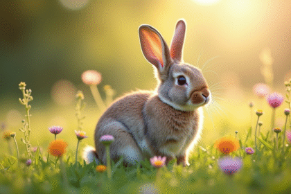 Lapin dwarf lop dans une prairie ensoleillee avec fleurs sauvages