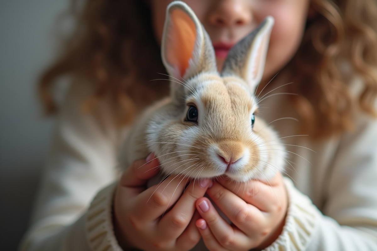 Gros plan d’un lapin velours tenu par un enfant souriant
