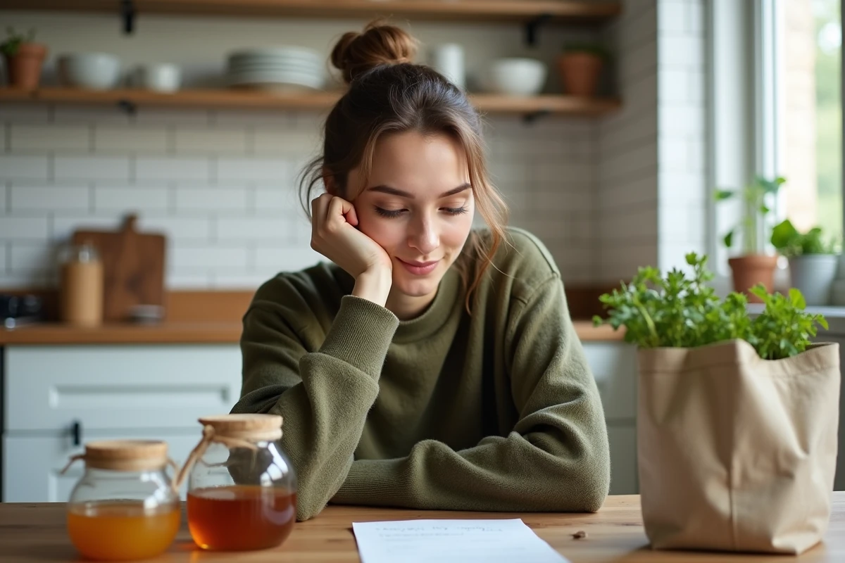 Femme minimaliste préparant une liste de courses courte avec un sac réutilisable et des produits essentiels dans une cuisine épurée