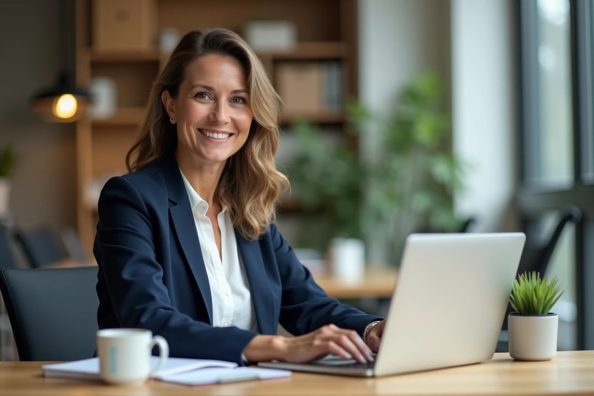 Femme professionnelle souriante rédigeant un mail de bonne rentrée sur son ordinateur portable dans un bureau moderne