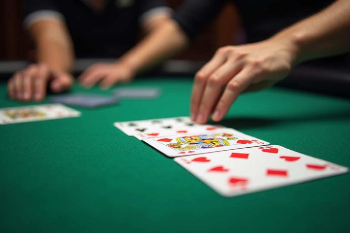 Gros plan sur une main de rummy posée sur une table verte