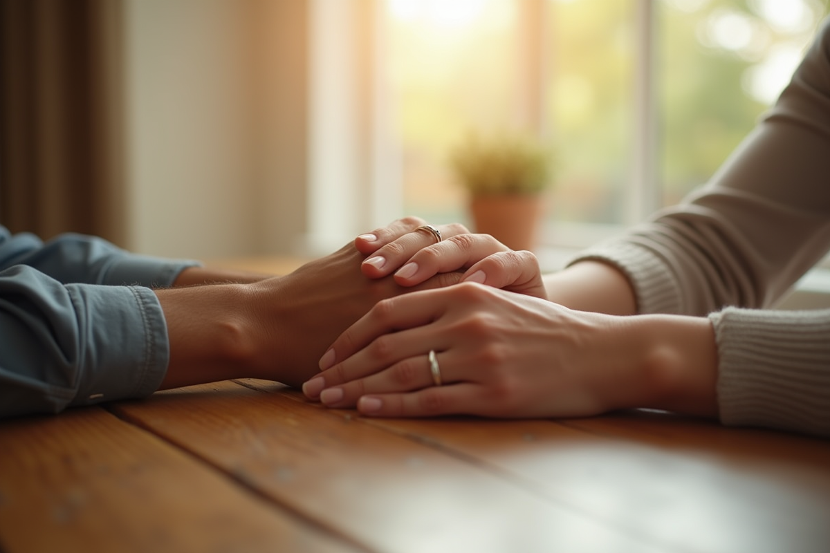 Mains entrelacees avec bagues de mariage sur une table en lumière douce