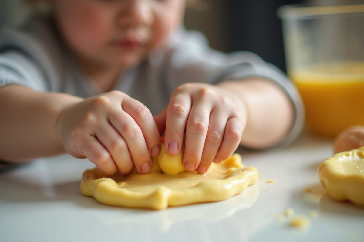 Mains de bébé pétrissant de la pâte à modeler en gros plan