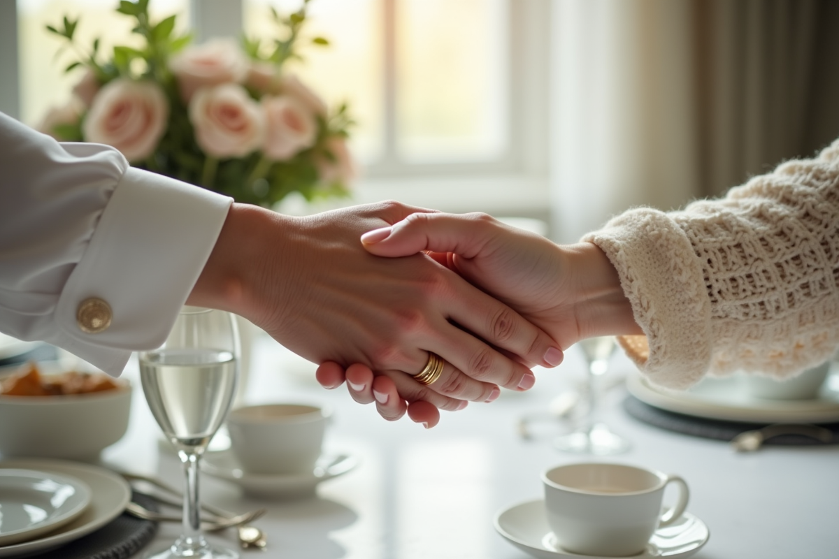 Détail de mains âgées échangeant des bagues en or sur une table élégante