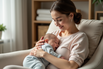 Jeune maman allaitant son bébé dans un salon lumineux