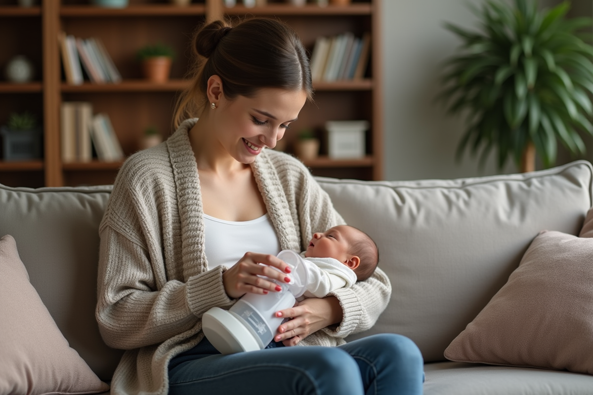 Femme allaitant son bébé dans un salon chaleureux