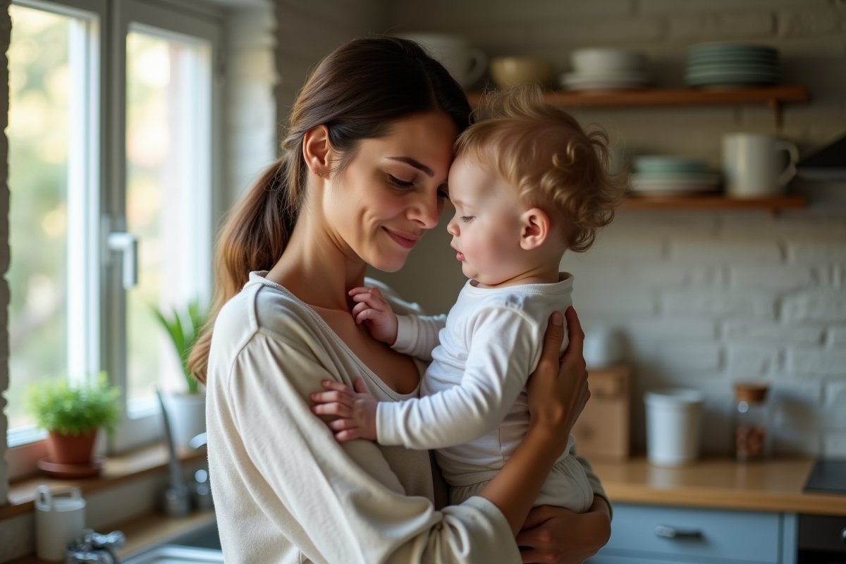 Maman fatiguée berçant son bébé dans la cuisine
