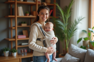 Jeune maman souriante portant son bébé dans un porte-bébé