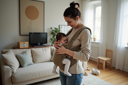 Jeune maman ajustant un porte-bébé dans un salon moderne