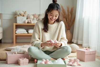 Jeune maman assise entourée de coffrets cadeaux naissance gratuits avec produits bébé pastel sur parquet en bois