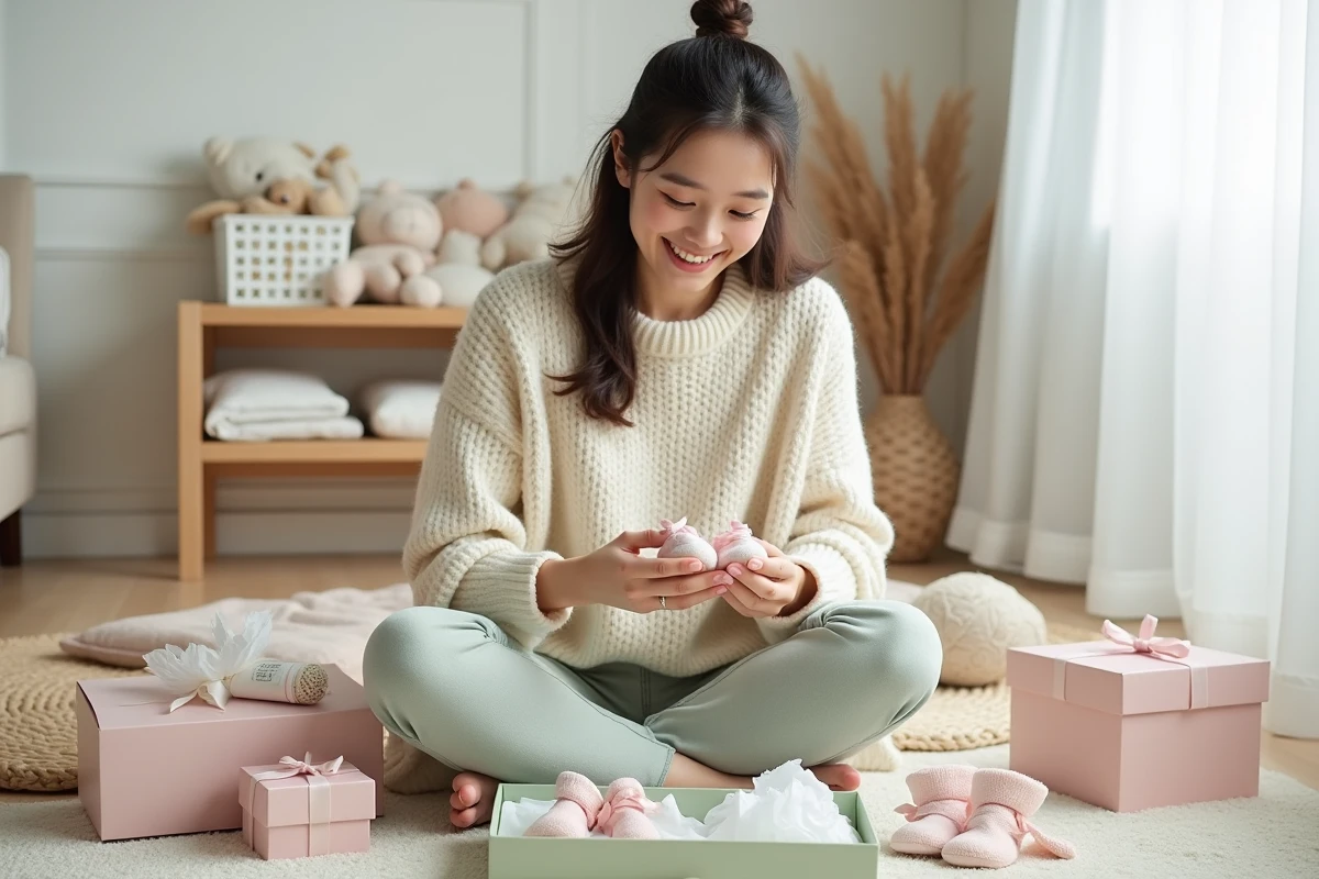 Jeune maman assise entourée de coffrets cadeaux naissance gratuits avec produits bébé pastel sur parquet en bois