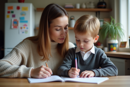 Maman et son enfant concentrés sur un devoir à la cuisine