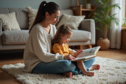 Jeune mère lisant une histoire à sa fille dans le salon