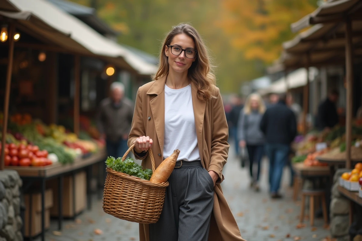 Mère minimaliste au marché fermier tenant un panier en osier avec quelques légumes de saison, symbole de consommation consciente
