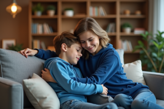 Maman réconforte son fils assis sur un canapé