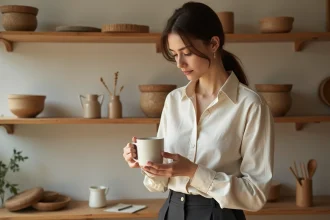 Maman minimaliste tenant un mug en céramique dans une boutique épurée, illustrant l'art d'acheter moins mais mieux