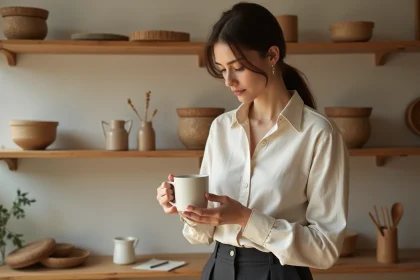 Maman minimaliste tenant un mug en céramique dans une boutique épurée, illustrant l'art d'acheter moins mais mieux