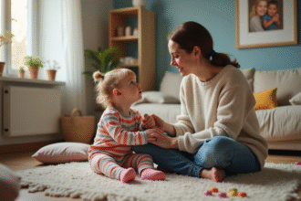 Maman réconforte son enfant dans le salon chaleureux
