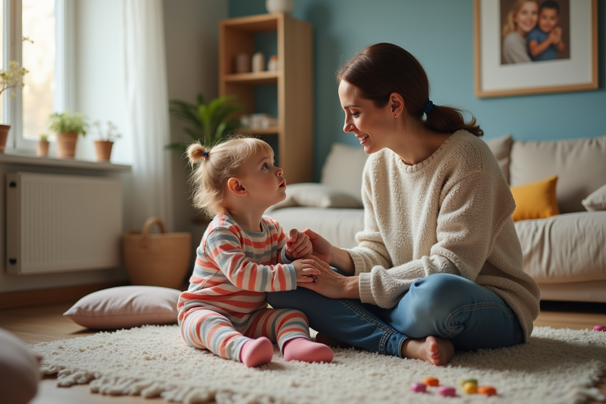 Maman réconforte son enfant dans le salon chaleureux