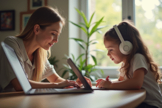 Maman travaillant sur un ordinateur avec sa fille en aide aux devoirs