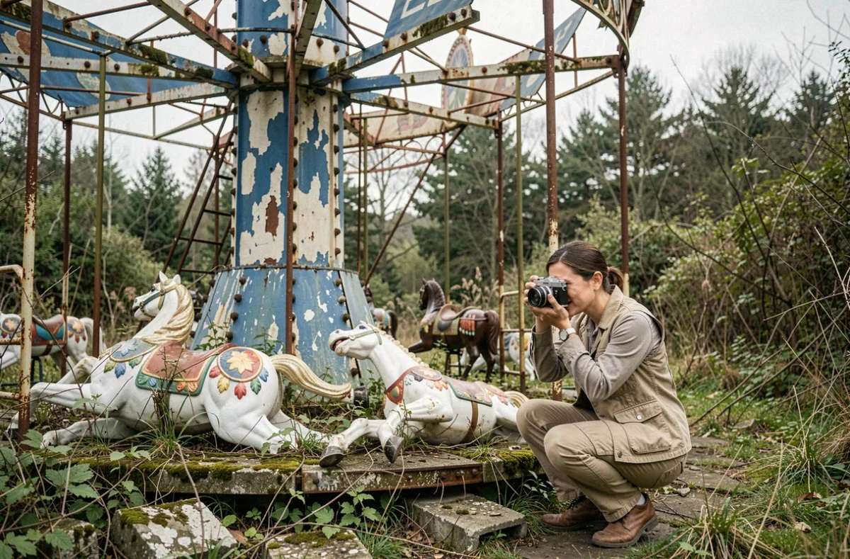 Femme photographiant les ruines d'un manège abandonné dans l'ancien parc à thème des Schtroumpfs en France