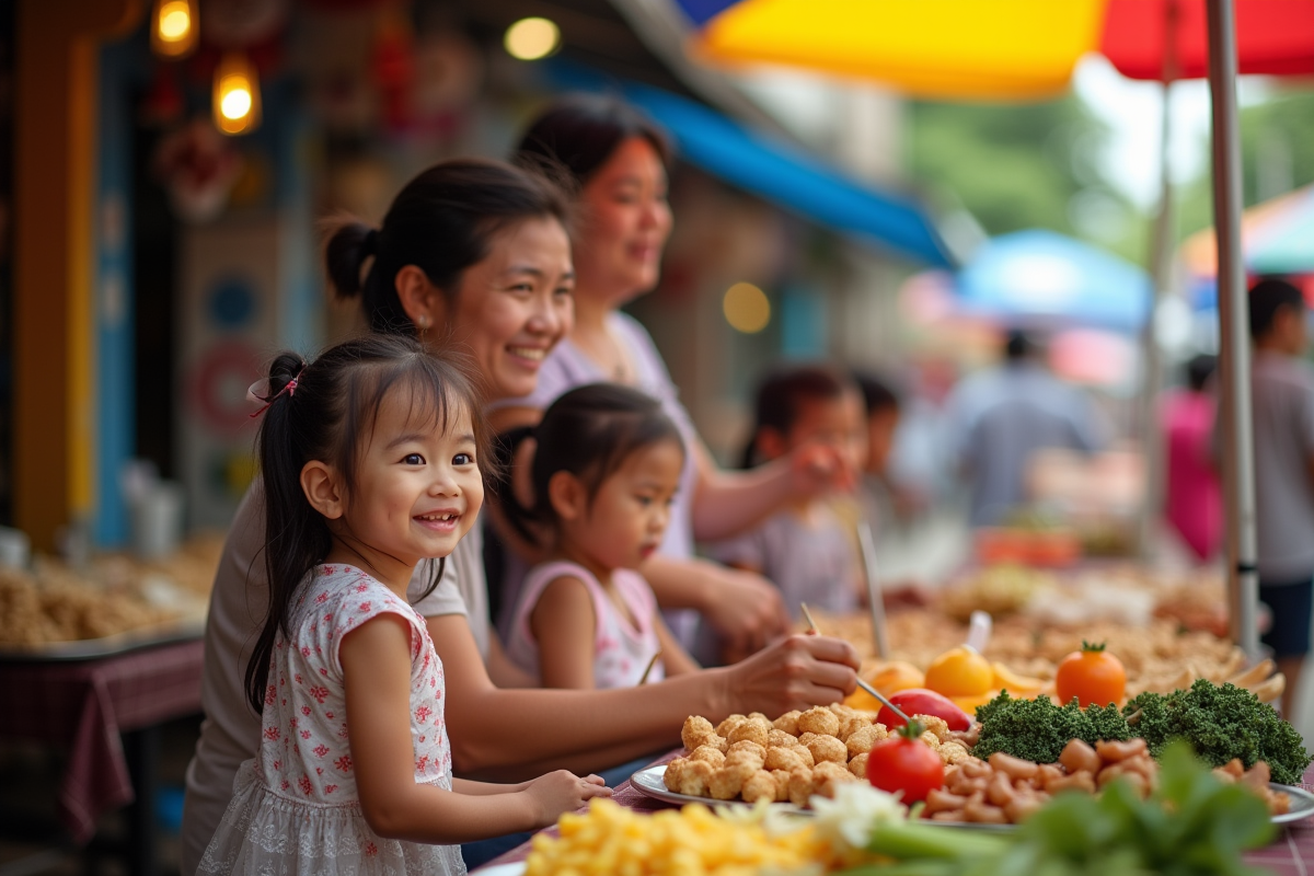 Enfants dégustant la nourriture de marché cambodgien en journée