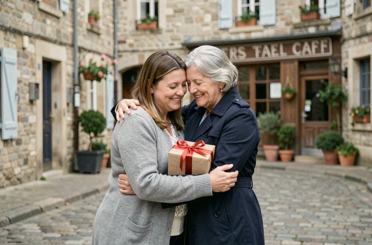 Une marraine et sa nièce s'embrassent sur une place de village français, moment de gratitude sincère