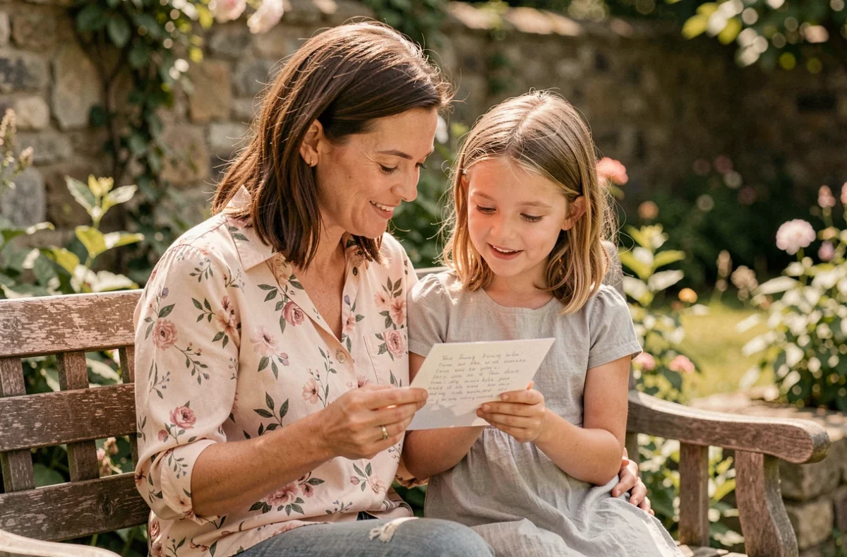 Une marraine et sa filleule partagent une carte manuscrite dans un jardin, scène émouvante et tendre