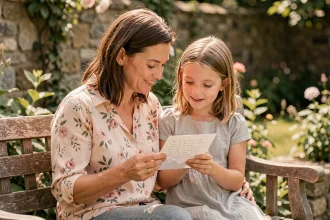 Une marraine et sa filleule partagent une carte manuscrite dans un jardin, scène émouvante et tendre