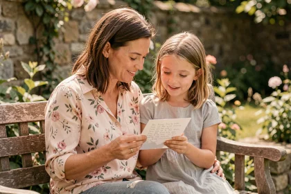 Une marraine et sa filleule partagent une carte manuscrite dans un jardin, scène émouvante et tendre