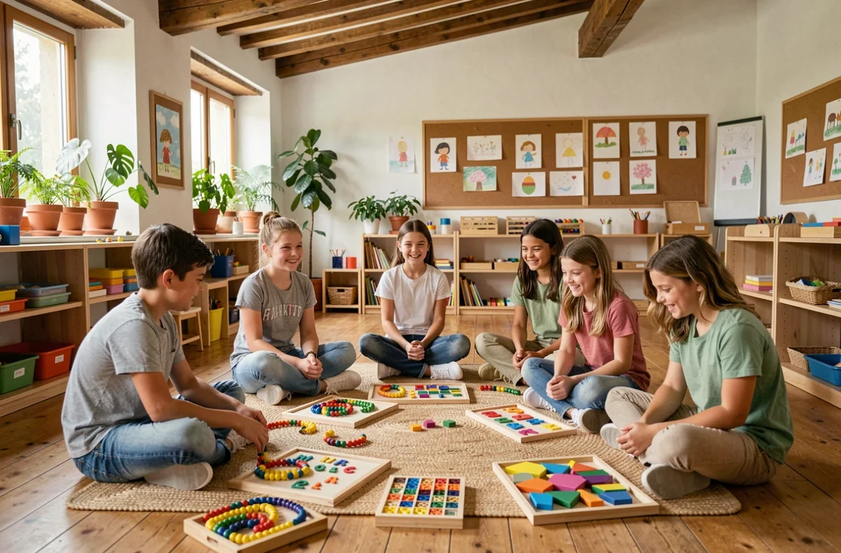 Salle de classe Montessori en Occitanie avec des enfants apprenant de manière autonome entourés de matériel pédagogique coloré