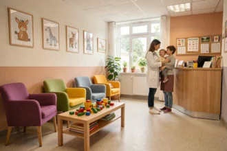 Salle d'attente d'un cabinet pédiatrique en Côtes-d'Armor avec un médecin et un parent