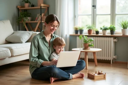 Mère lisant un blog parental sur son ordinateur portable avec son enfant en bas âge dans un salon scandinave chaleureux
