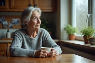 Femme d'âge mûr pensive assise seule à une table de cuisine, tenant une tasse, exprimant une déception émotionnelle silencieuse
