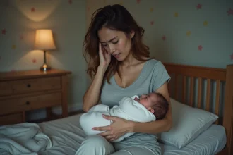 Mère épuisée tenant son bébé qui ne dort pas la nuit dans la chambre d'enfant