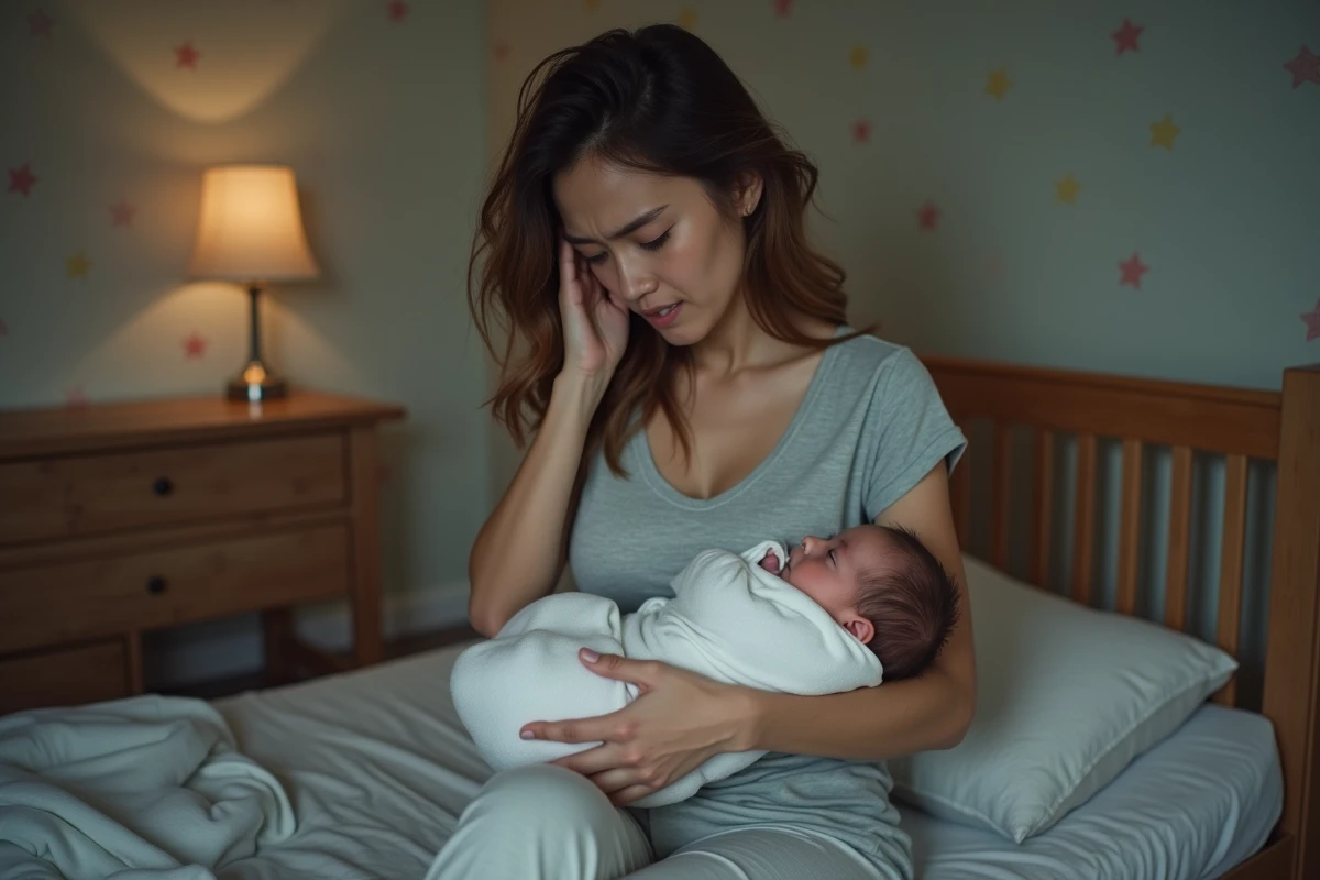 Mère épuisée tenant son bébé qui ne dort pas la nuit dans la chambre d'enfant