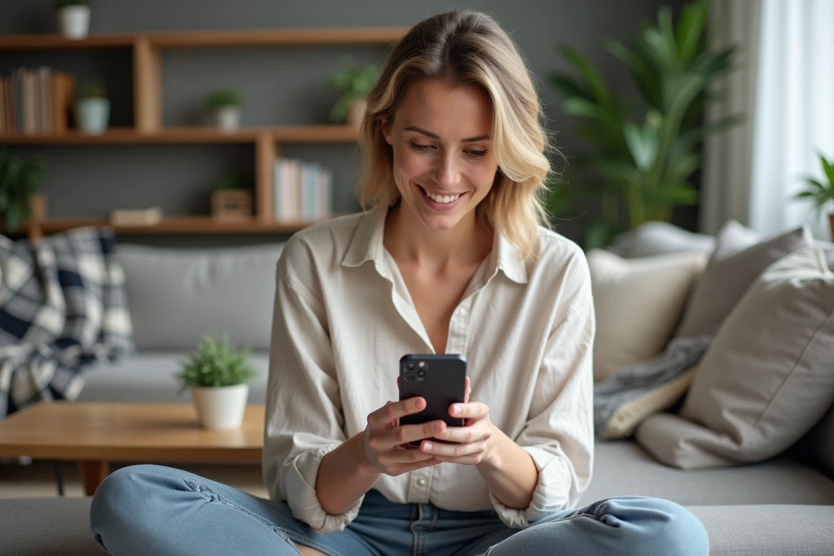 Mère de famille découvrant des offres de loisirs en famille sur son smartphone dans un salon moderne et cosy