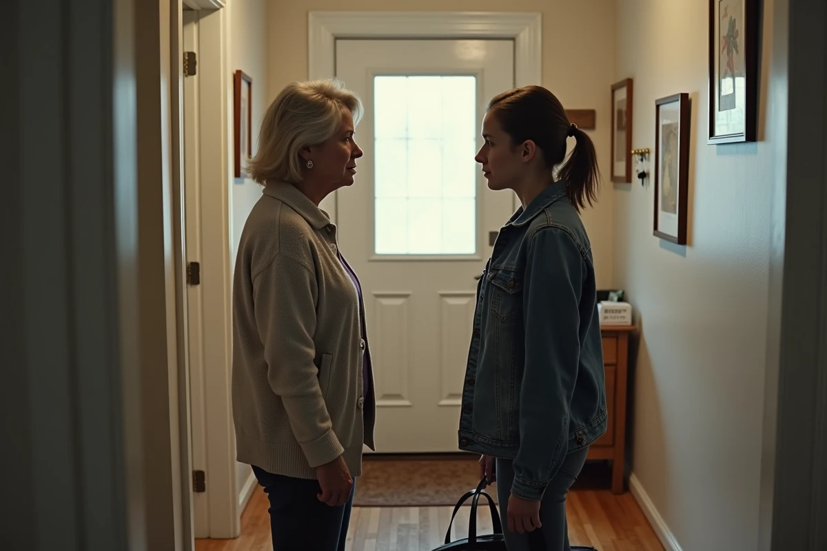 Mère et fille adulte dans un couloir lors d'un moment de tension émotionnelle, illustrant la déception et le conflit entre générations