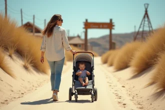 Mère poussant une poussette tout-terrain sur un chemin sableux à la Mer de Sable, parc d'attractions familial