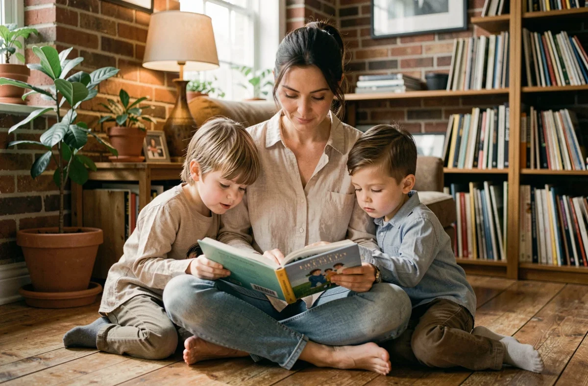 Musicienne lisant un livre avec ses enfants dans un salon chaleureux décoré de plantes et de vinyles