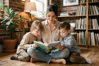 Musicienne lisant un livre avec ses enfants dans un salon chaleureux décoré de plantes et de vinyles
