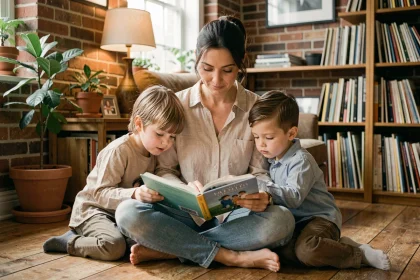 Musicienne lisant un livre avec ses enfants dans un salon chaleureux décoré de plantes et de vinyles
