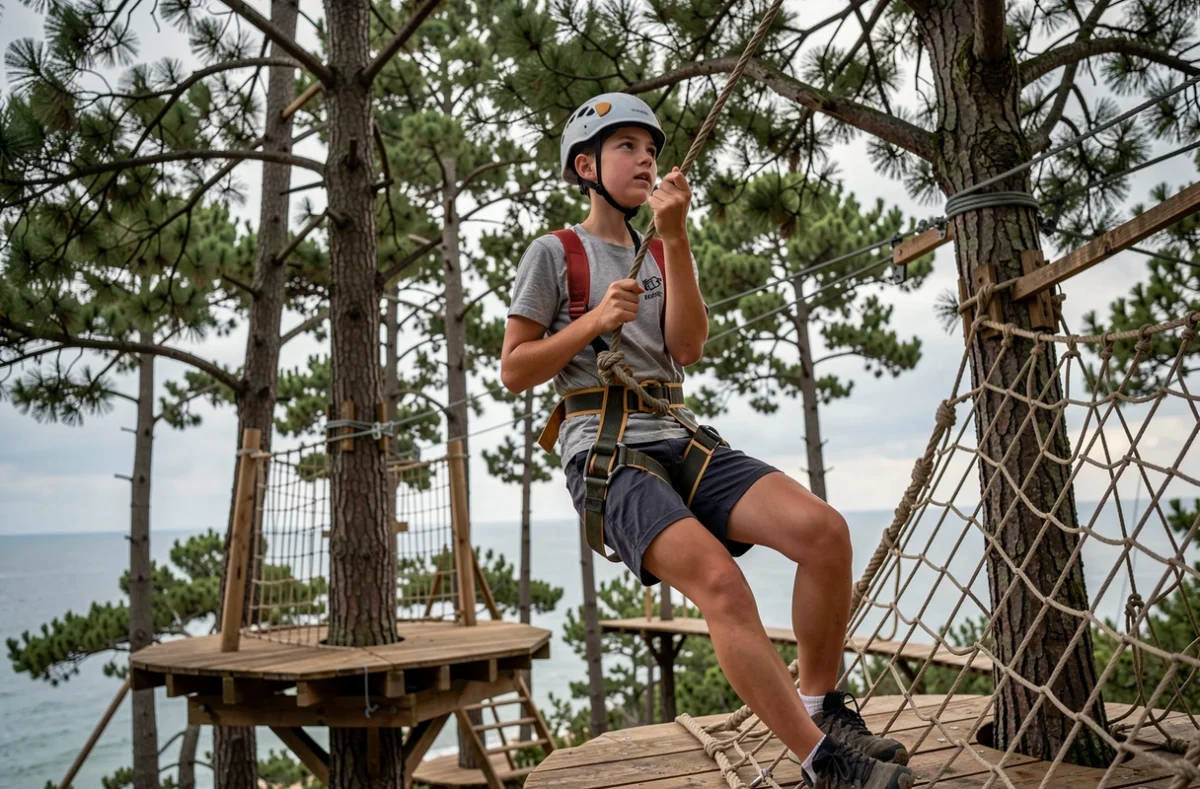 Adolescent sur un parcours accrobranche d'Opalaventure sur la Côte d'Opale