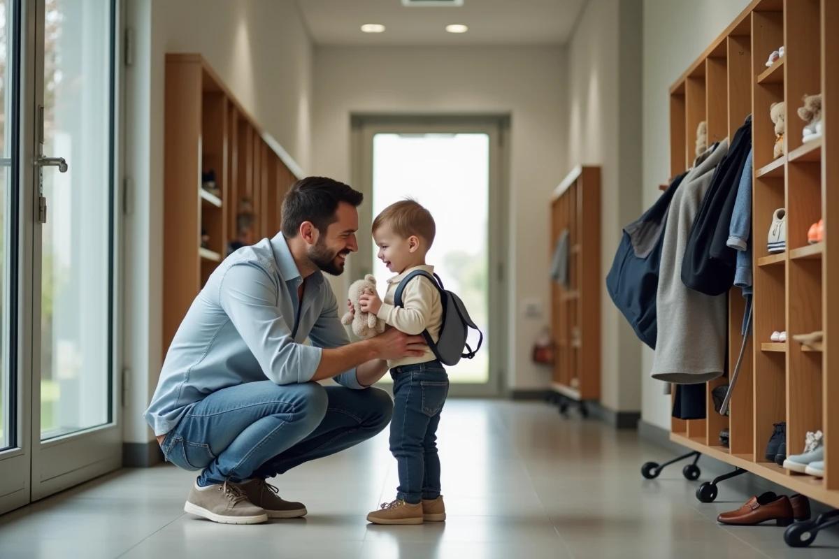 Père souriant donne un jouet à son bébé avant la crèche