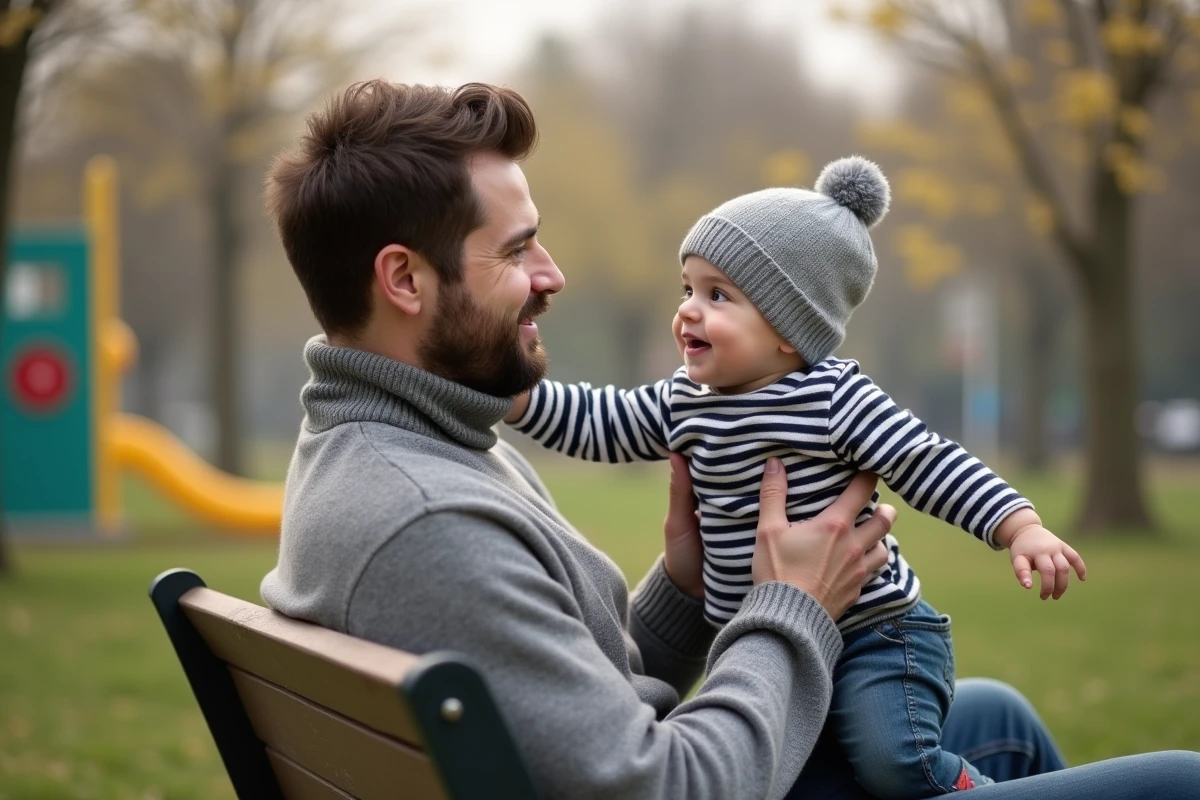 Pere et bebe dans un parc au printemps