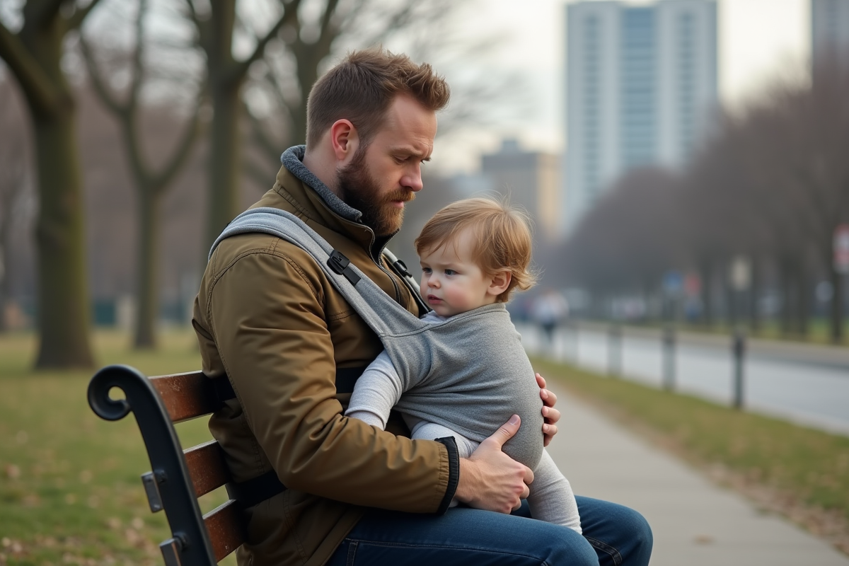 Père assis sur un banc de parc retirant un porte-bébé à son enfant