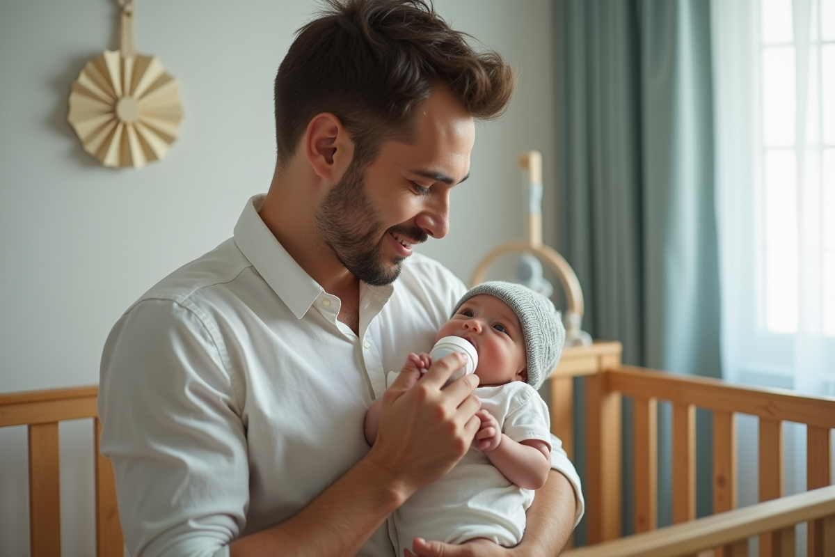 Pere donnant le biberon à son bébé dans une nurserie