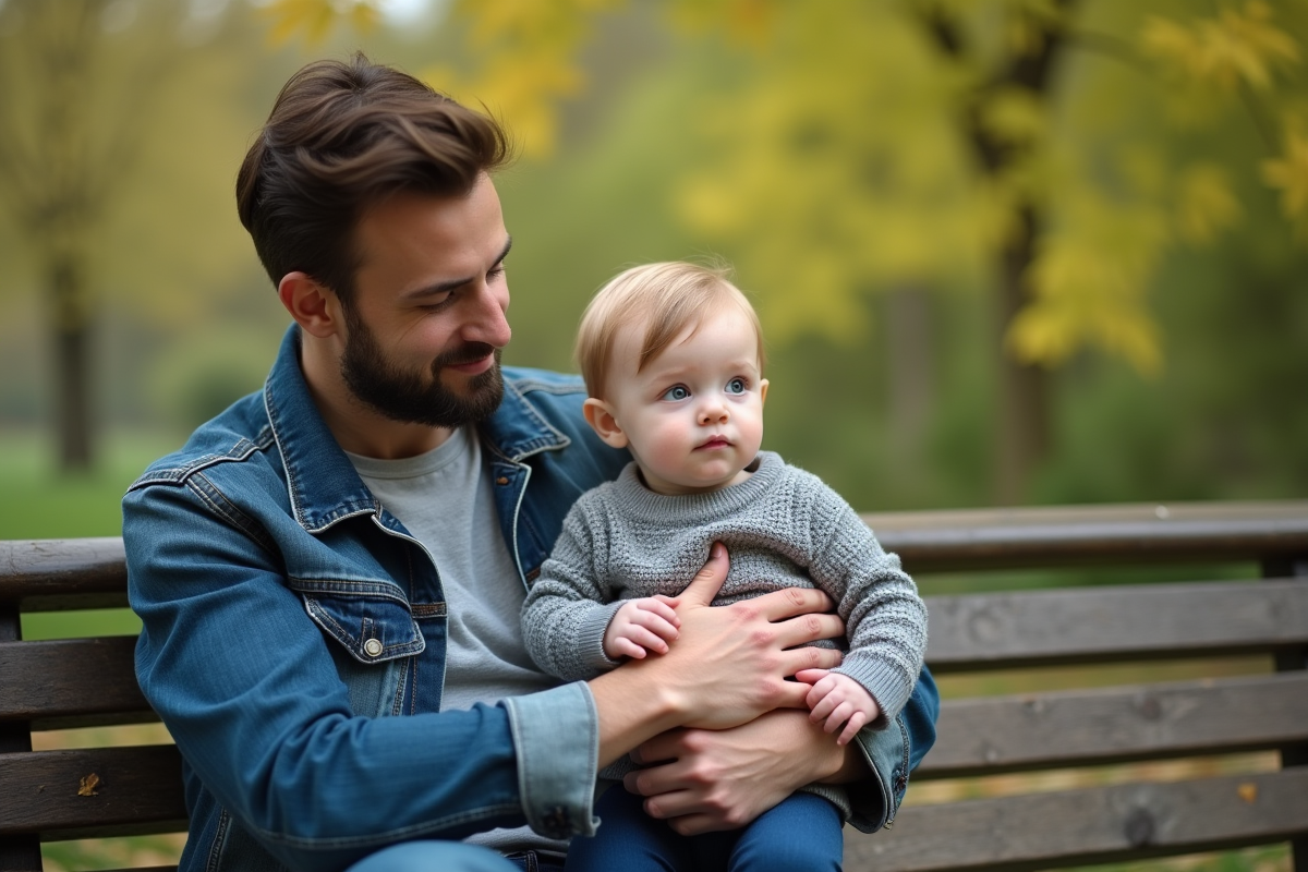 Père et enfant sur un banc dans un parc au printemps