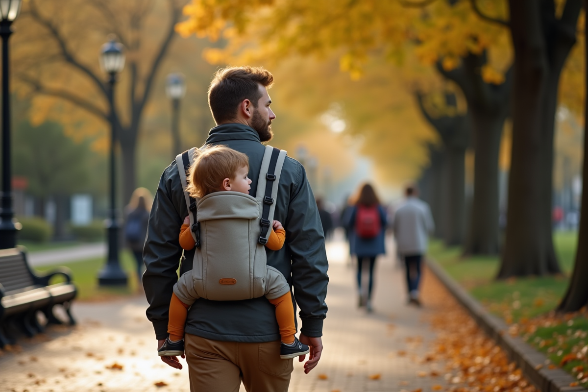 Père marchant avec son enfant dans un parc en automne