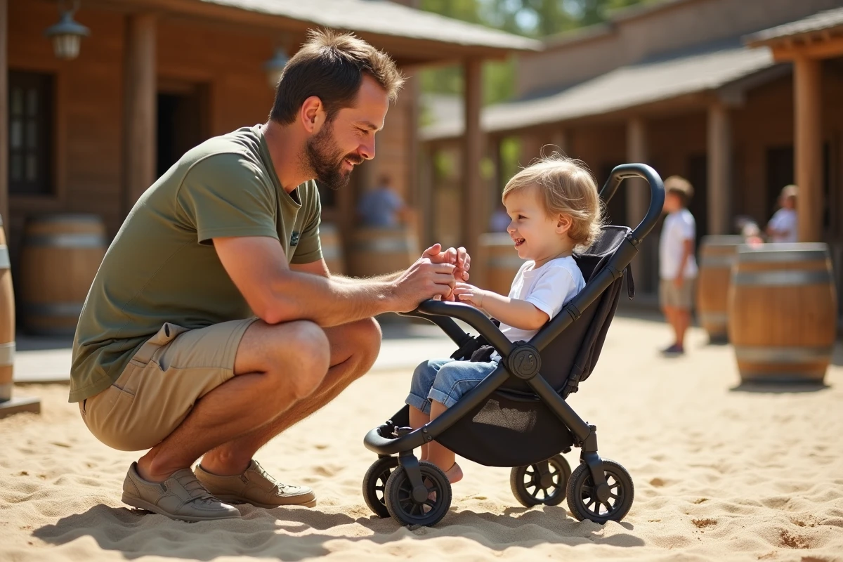 Papa et enfant en poussette devant un décor western au parc Mer de Sable, sortie en famille